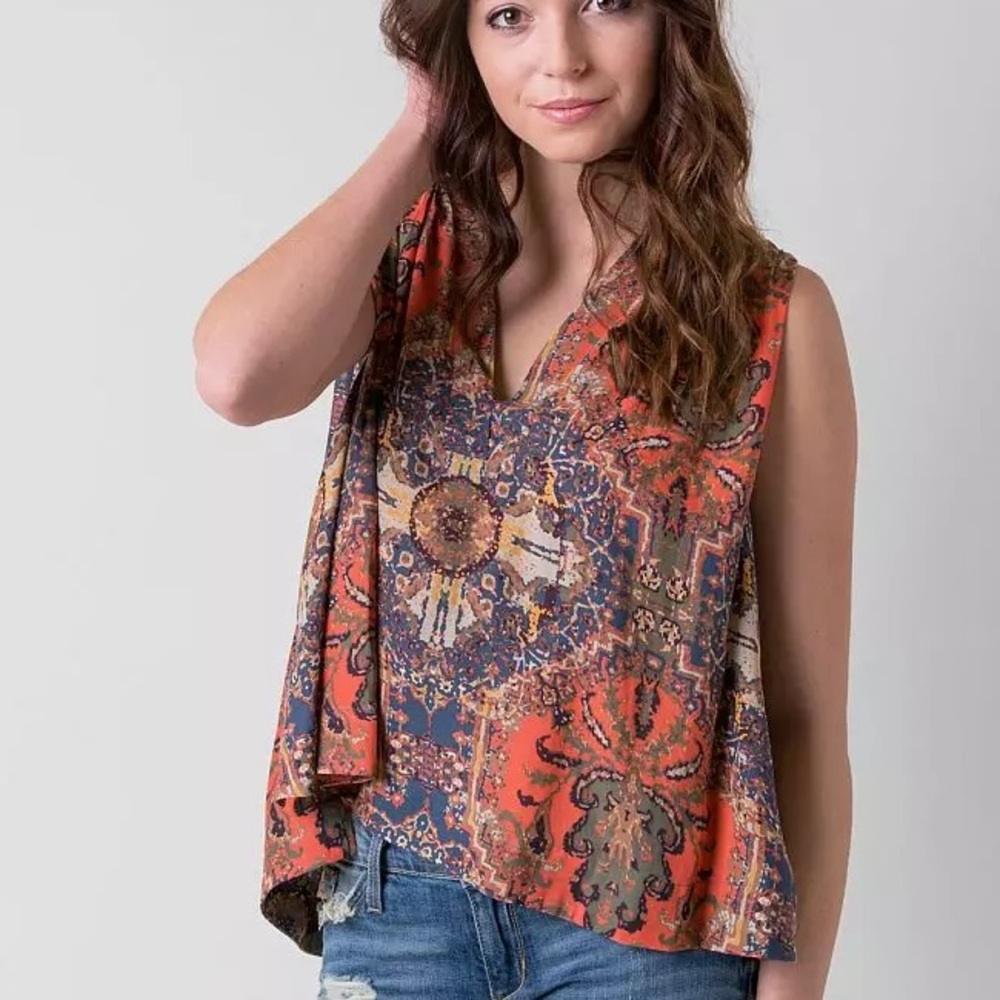 Free People Darcey Swing Tank Top Chiffon V-Neck Women’s Medium Orange/Blue